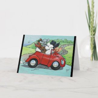 Tarjeta Poodles en convertible rojo vintage