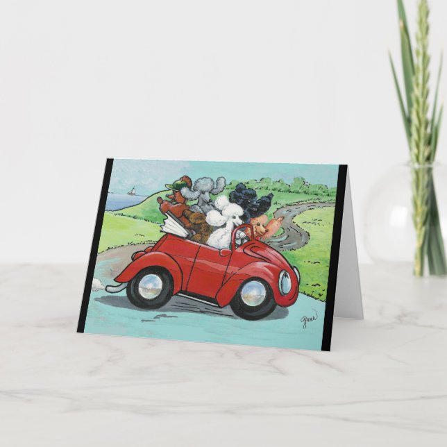 Tarjeta Poodles en convertible rojo vintage (Anverso)