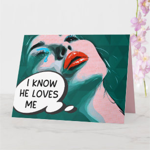 Tarjeta Pop Art Sé que él me ama Labios rosados rojos teal