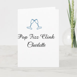 Tarjeta Pop fizz clink botella de champán azul año nuevo