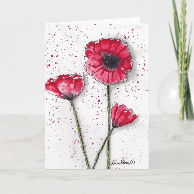 Tarjeta Poppies rojos, pintura acuarela (Anverso)