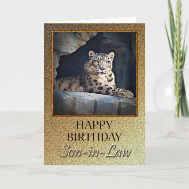 Tarjeta Por cumpleaños yerno con un leopardo de las nieves (Anverso)