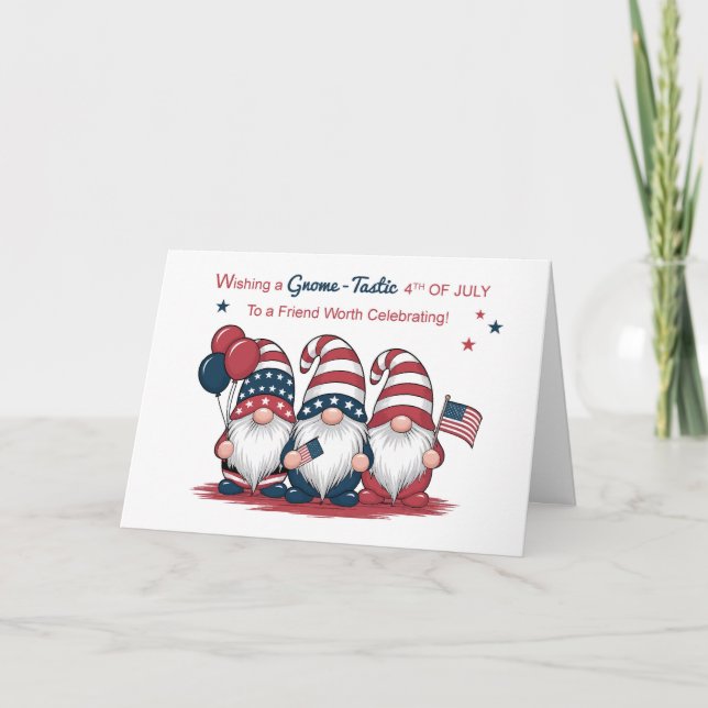Tarjeta Por el amigo 4 de julio, elegantes gnomes patrióti (Anverso)