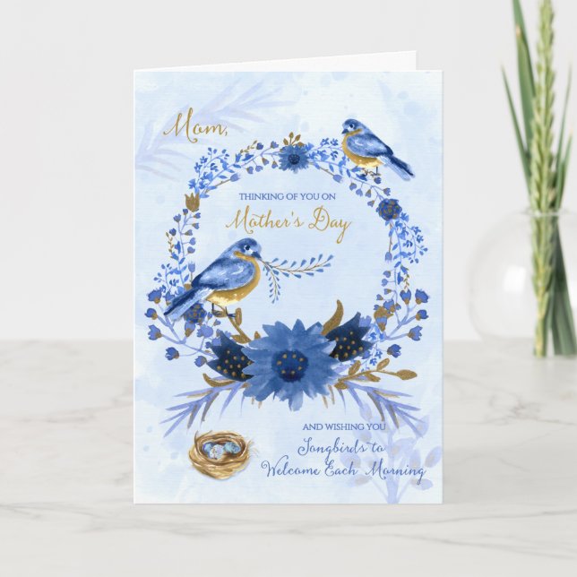 Tarjeta por el día de la madre de las aves azules acuarela (Anverso)