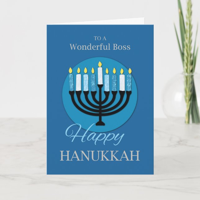 Tarjeta Por el Jefe Hanukkah Menorah en azul oscuro (Anverso)