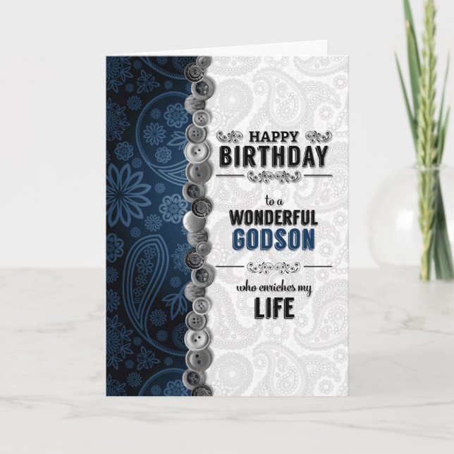 Tarjeta por Godson's Birthday Blue Paisley con botones (Anverso)