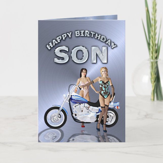 Tarjeta Por hijo, cumpleaños con chicas y motocicleta (Anverso)
