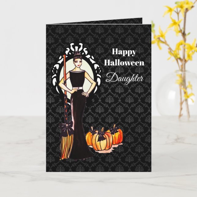 Tarjeta Por la hija en Halloween Lady Witch con baño (flor amarilla)