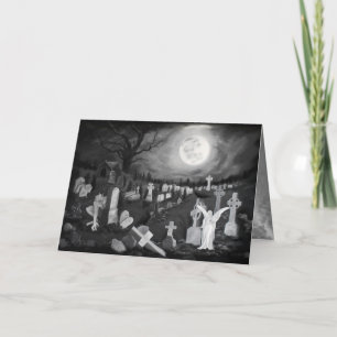 Tarjeta Por la noche en el cementerio - Ángel con el diabl