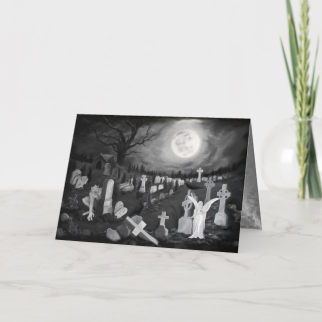 Tarjeta Por la noche en el cementerio - Ángel con el diabl (Anverso)