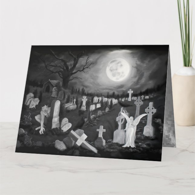 Tarjeta Por la noche en el cementerio - Ángel con el diabl (Anverso)