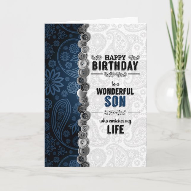 Tarjeta por la Paisley azul de cumpleaños del hijo con bot (Anverso)