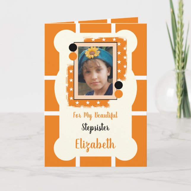 Tarjeta Por mi hermosa hermanastra naranja y foto negra (Anverso)