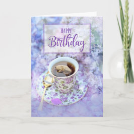 Tarjeta por su Copa de Té y Flores Púrpura Cumpleaños