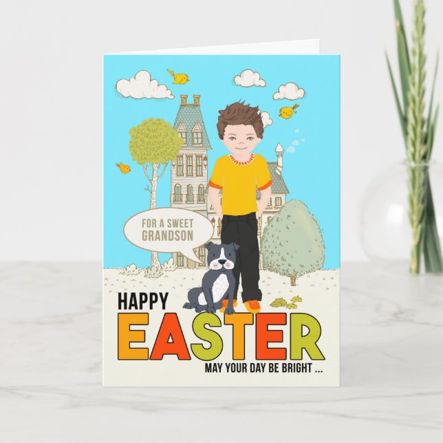 Tarjeta por un nieto en un perro caucásico de Pascua (Anverso)