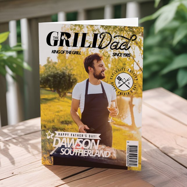 Tarjeta Portada de la revista de fotos Fun Padre's Day Gri (Fun Father's Day Grill Dad Photo Magazine Cover Card)