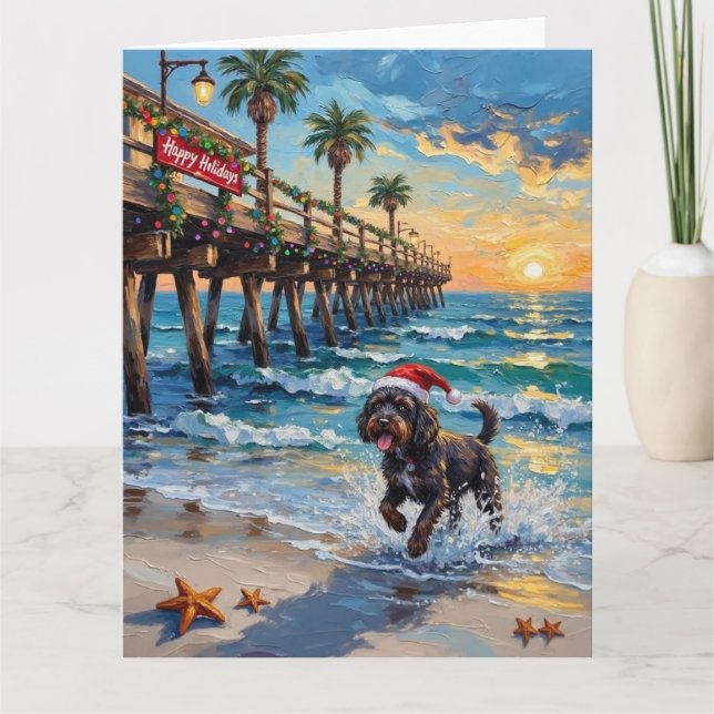 Tarjeta Portuguese Water Dog Christmas Beach Boardwalk (Anverso)
