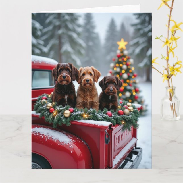 Tarjeta Portuguese Water Dog Christmas Red Truck Holiday (flor amarilla)