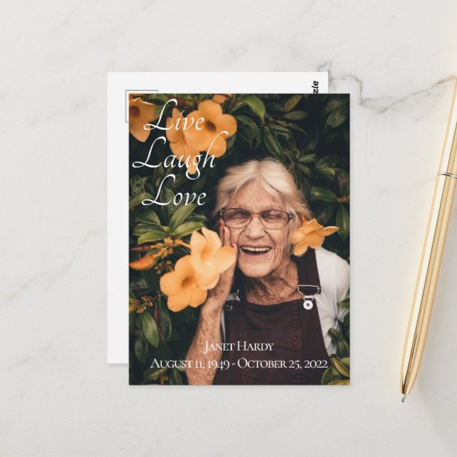 Tarjeta Post Funeral de Live Laugh Love (Anverso/Reverso In Situ)