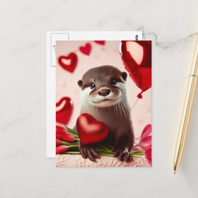 Tarjeta postal adorable de nutria del día de San V (Anverso/Reverso In Situ)