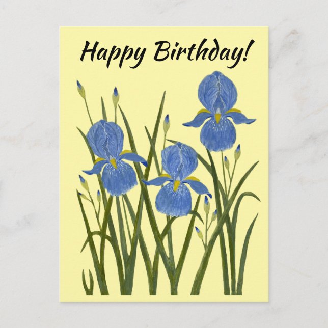 Tarjeta postal amarilla de lirios azules (Anverso)