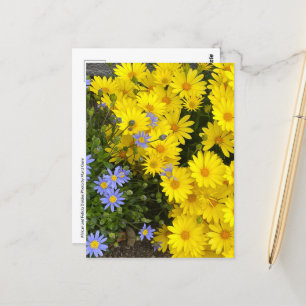 Tarjeta postal amarilla y morada