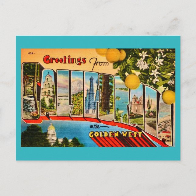Tarjeta postal antigua de California Greetings (Anverso)