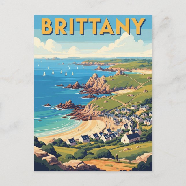 Tarjeta postal antigua de la playa de Bretaña, Fra (Anverso)