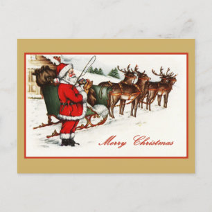 Tarjeta postal antigua de Papá Noel y Reno