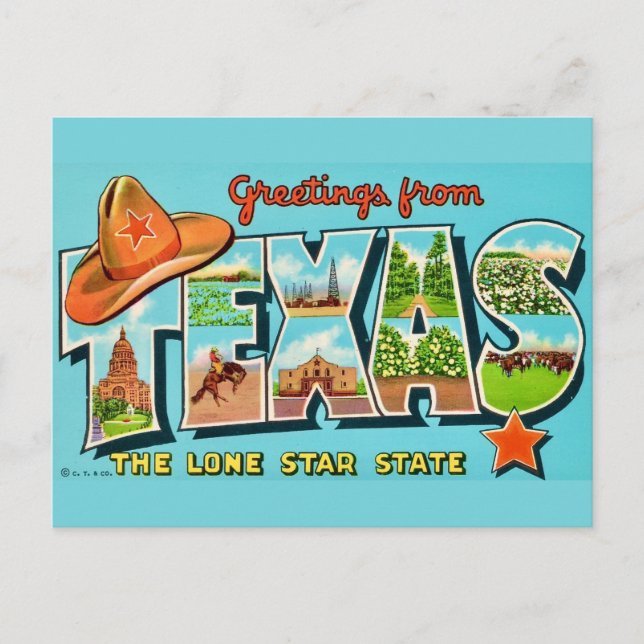 Tarjeta postal antigua de saludo de Texas (Anverso)