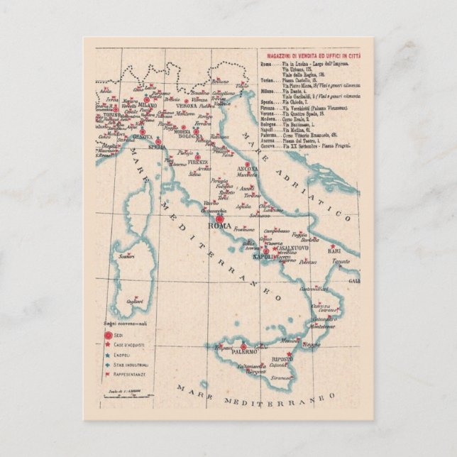 Tarjeta postal antigua del mapa de Italia (Anverso)