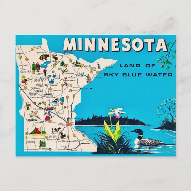 Tarjeta postal antigua del mapa de Minnesota (Anverso)