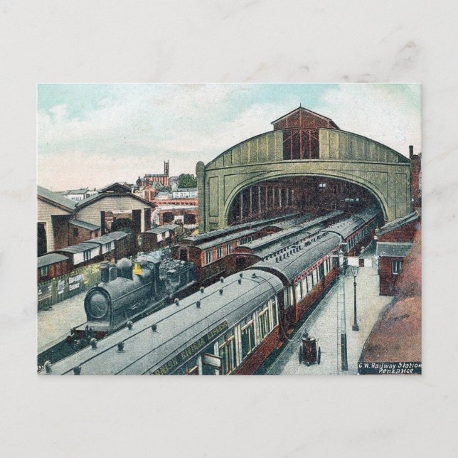 Tarjeta postal antigua - Estación, Penzance, Cornu (Anverso)