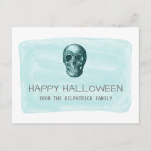 Tarjeta postal Aqua Watercolor Skull Halloween