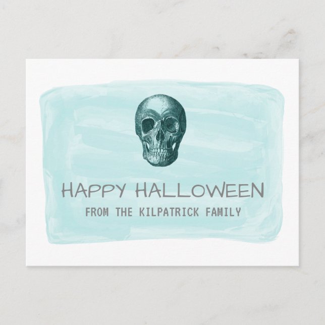 Tarjeta postal Aqua Watercolor Skull Halloween (Anverso)