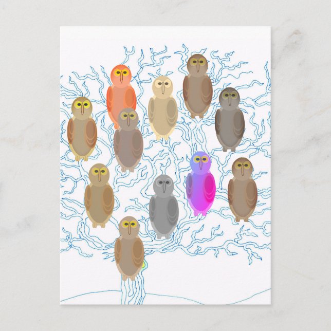 Tarjeta postal - Árbol genealógico de búhos (Anverso)
