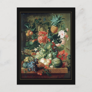 Tarjeta Postal Arte Antiguo Bodegón Flores Frutas