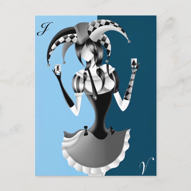 Tarjeta postal azul claro de bufón extravagante (Anverso)
