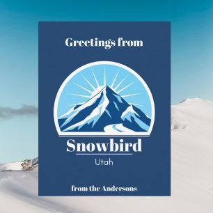Tarjeta postal azul de vacaciones de esquí en Snow