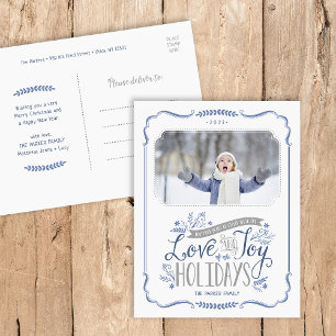 Tarjeta postal azul floral blanca para festividade