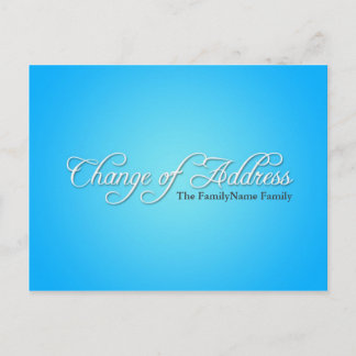 Tarjeta postal azul moderna de cambio de dirección