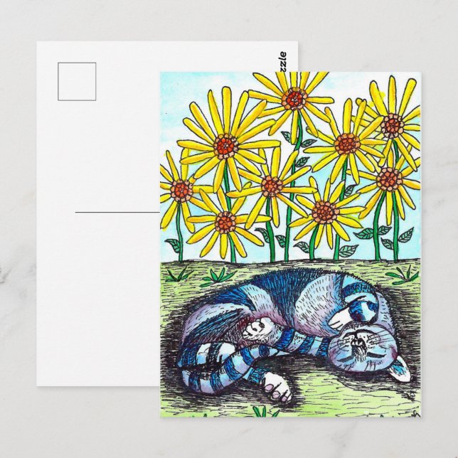 Tarjeta postal azul para gatos y flores amarillas (Anverso / Reverso)