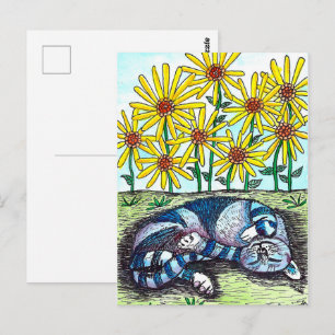 Tarjeta postal azul para gatos y flores amarillas