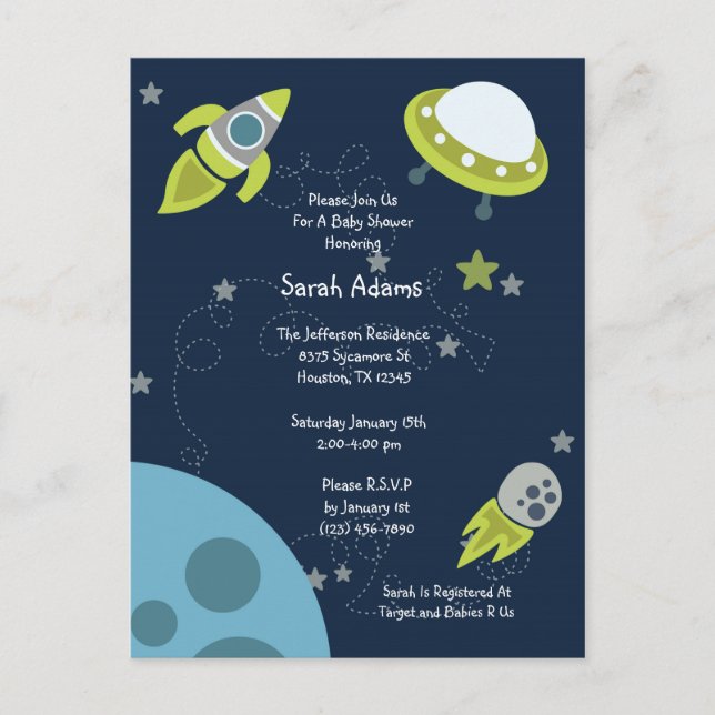 Tarjeta postal Baby Shower de OVNI para el Espacio (Anverso)