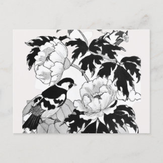 Tarjeta postal blanca y negra para las aves floral