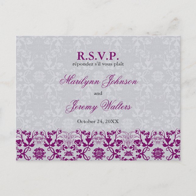 Tarjeta postal Boda Damask Swirls Lace Orchid RSVP (Anverso)