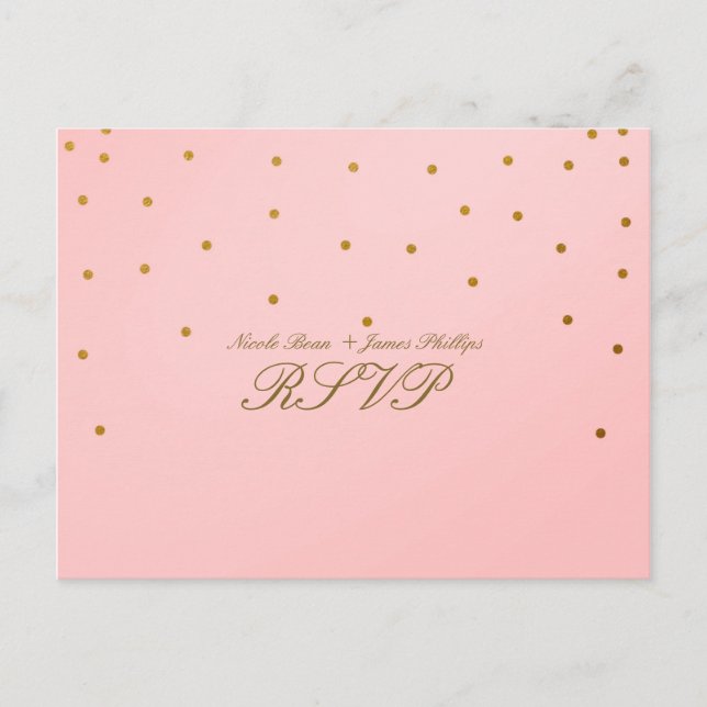 Tarjeta postal Boda RSVP de Confetti de oro rosa y (Anverso)