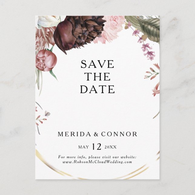 Tarjeta Postal Boho Floral Borgoña Save The Date (Anverso)