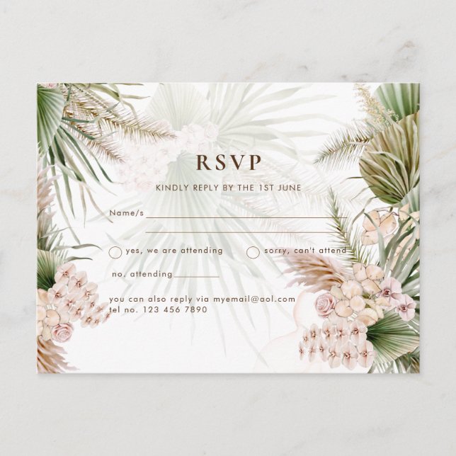 Tarjeta postal BOHO Pampas Grass Floral Rubor Boda (Anverso)