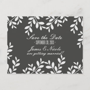 Tarjeta postal botánica moderna gris y hojas blanc